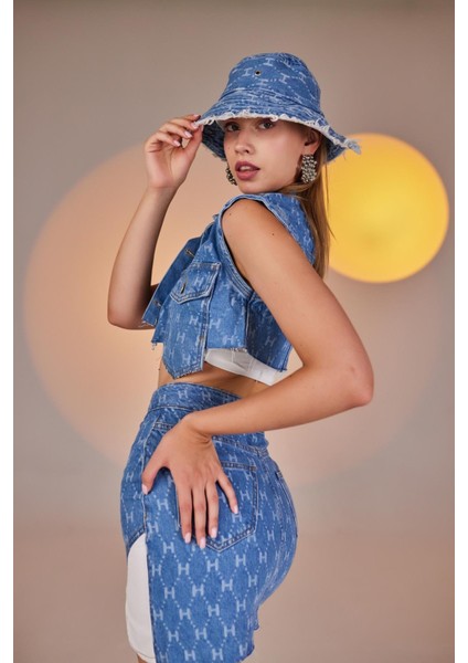 H Baskılı Asimetrik Kesim Mini Jean Etek Mavi fiyatları