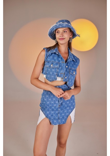 H Baskılı Asimetrik Kesim Mini Jean Etek Mavi fırsatları