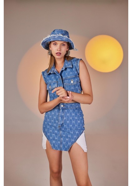 H Baskılı Asimetrik Kesim Mini Jean Etek Mavi indirimleri