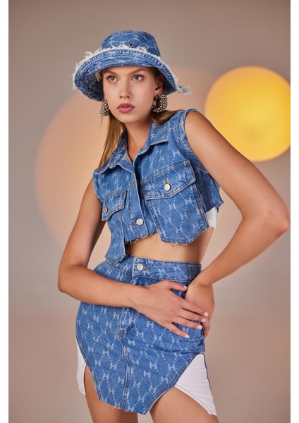 H Baskılı Asimetrik Kesim Mini Jean Etek Mavi