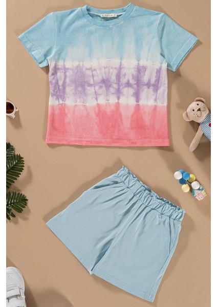Batik Yıkamalı Mavi Tshirt Şort Takım