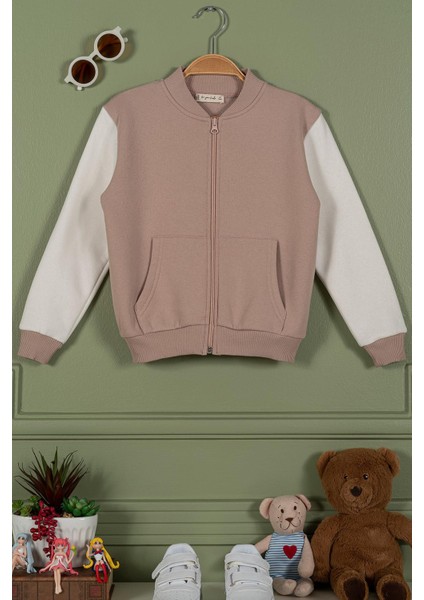 Fermuarlı Garnili Kanguru Cep Bej Kız Çocuk Ceket