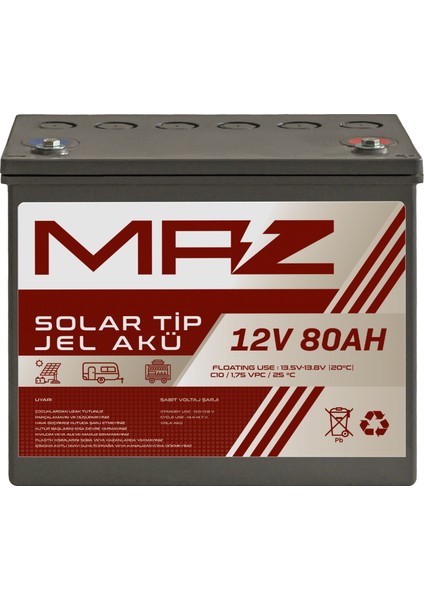 12 Volt 80 Amper (Ah) Solar Jel Akü (Güneş Paneli Akü)