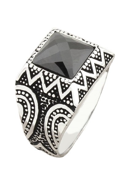 Erkek Yüzük Gümüş 925 Desenli Kare Taşlı