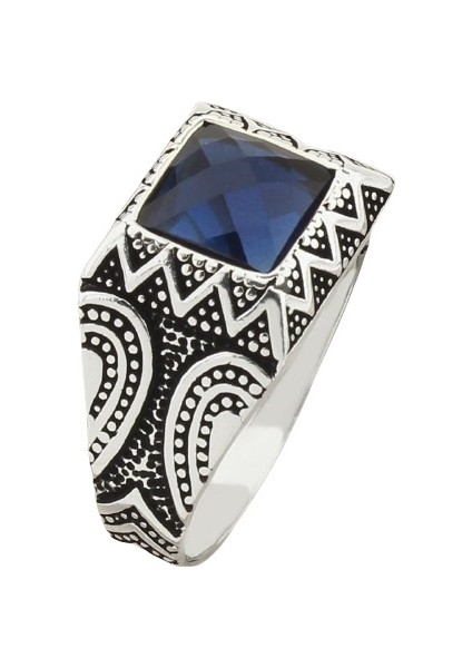 Erkek Yüzük Gümüş 925 Desenli Kare Taşlı