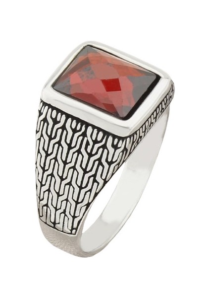 Erkek Yüzük Gümüş 925 Desenli Kare Taşlı