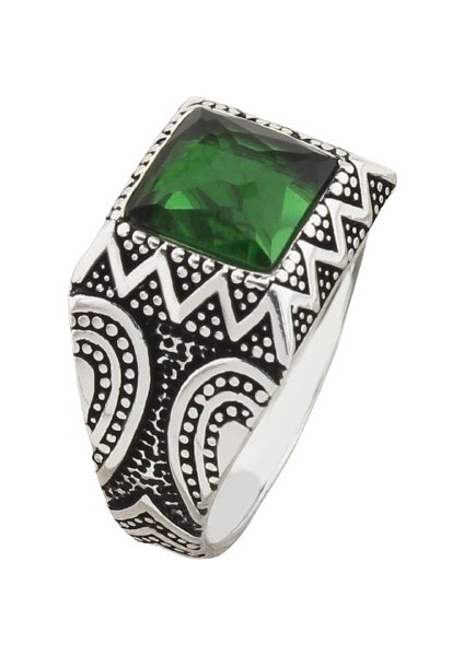 Erkek Yüzük Gümüş 925 Desenli Kare Taşlı