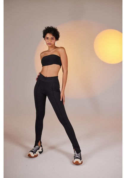 Kruvaze Bel Paça Yırtmaç Detaylı Toparlayıcı Pantoroma Kumaş Tayt Lena Pantolon Siyah