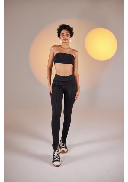 Kruvaze Bel Paça Yırtmaç Detaylı Toparlayıcı Pantoroma Kumaş Tayt Lena Pantolon Siyah modelleri