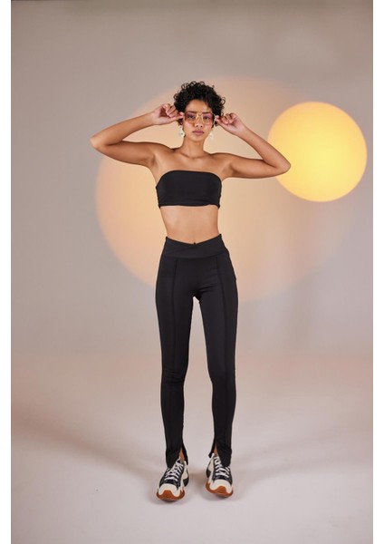 Kruvaze Bel Paça Yırtmaç Detaylı Toparlayıcı Pantoroma Kumaş Tayt Lena Pantolon Siyah