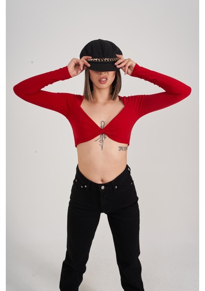 Kadın Kırmızı Uzun Kol Crop Walery Bluz