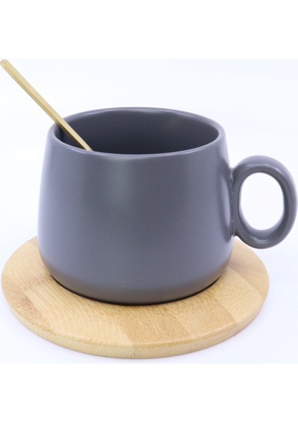 Bambu Tabaklı Seramik Kupa - Gri