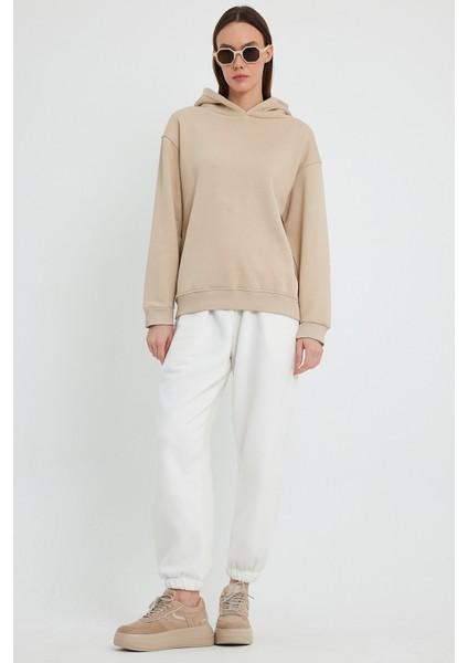 Bej Hoodie, Oversize Hoodie, Kadın Hoodie, Cepsiz Hoodie