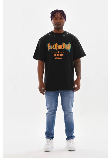 Unisex Kuşgözü Detaylı Baskılı Oversize T-Shirt - Siyah indirimleri