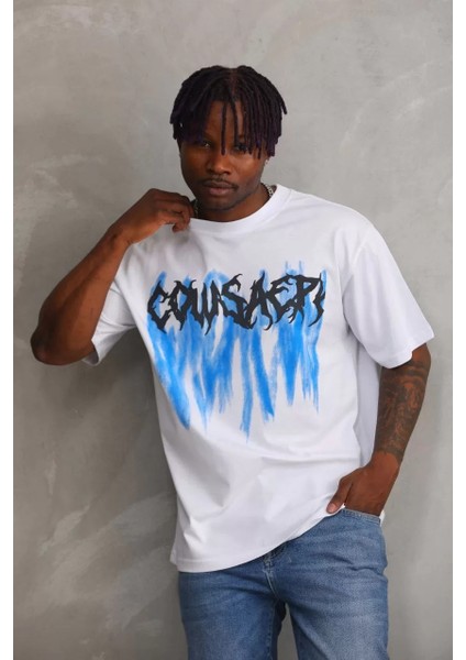 Unisex Baskılı Oversize T-Shirt - Beyaz modelleri