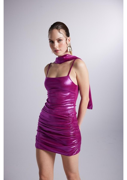 Parlak Kumaşlı Mini Vivid Elbise Pembe