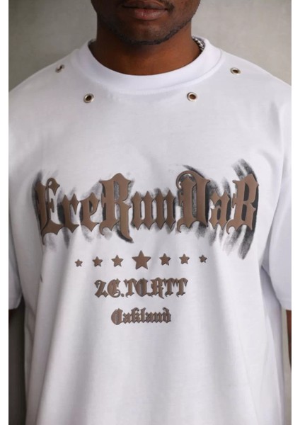 Unisex Kuşgözü Detaylı Baskılı Oversize T-Shirt - Beyaz