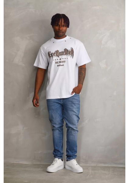 Unisex Kuşgözü Detaylı Baskılı Oversize T-Shirt - Beyaz indirimleri