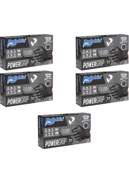 Nitril Powergrip Ekstra Kalın Elmas Dokulu Eldiven Siyah Meidum Orta Boy - 50'li 5 Paket