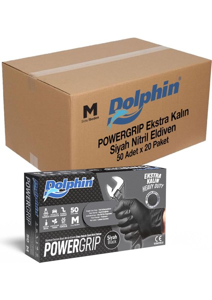 Nitril Powergrip Ekstra Kalın Elmas Dokulu Eldiven Siyah Meidum Orta Boy - 50'li 5 Paket indirimleri