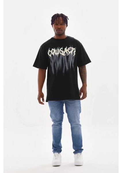 Unisex Baskılı Oversize T-Shirt - Siyah indirimleri