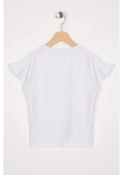Kolları Fırfırlı Yazı Baskılı Beyaz Renk Kız Çocuk Tshirt fırsatları
