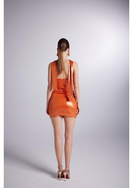Parlak Kumaşlı Mini Vivid Elbise Turuncu fırsatları