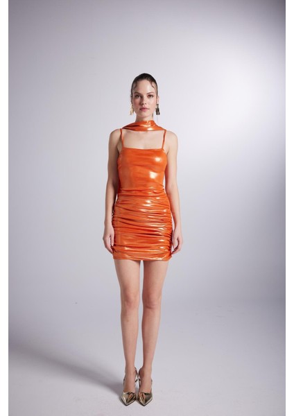 Parlak Kumaşlı Mini Vivid Elbise Turuncu