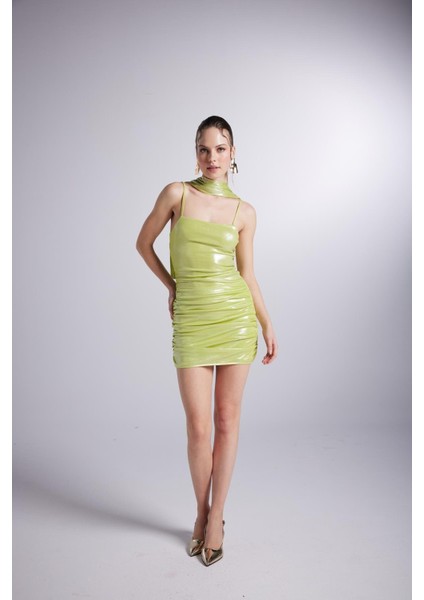 Parlak Kumaşlı Mini Vivid Elbise Yeşil