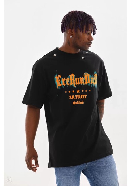 Unisex Kuşgözü Detaylı Baskılı Oversize T-Shirt - Siyah fırsatları