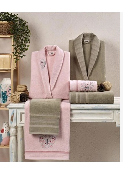 Soft Cotton Nakışlı 6 Parça Aile Bornoz Takımı Bej-Pudra