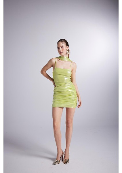 Parlak Kumaşlı Mini Vivid Elbise Yeşil