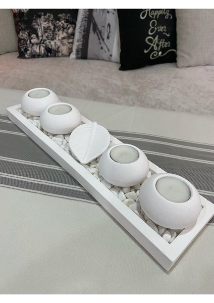 Beyaz El Yapımı 4'lü Beton Tabaklı Beton Mumluk Set Beton Tealight Set Taşlar ve Mumlar Dahildir. B