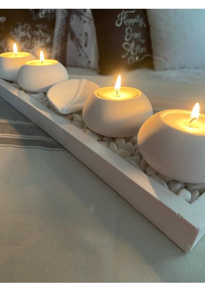 Beyaz El Yapımı 4'lü Beton Tabaklı Beton Mumluk Set Beton Tealight Set Taşlar ve Mumlar Dahildir. B