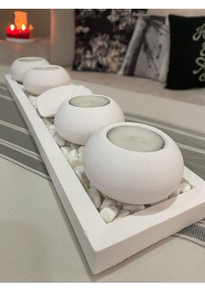 Beyaz El Yapımı 4'lü Beton Tabaklı Beton Mumluk Set Beton Tealight Set Taşlar ve Mumlar Dahildir. B