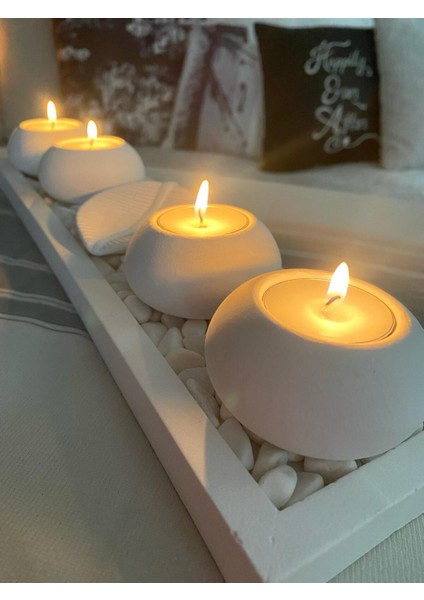 Beyaz El Yapımı 4'lü Beton Tabaklı Beton Mumluk Set Beton Tealight Set Taşlar ve Mumlar Dahildir. B