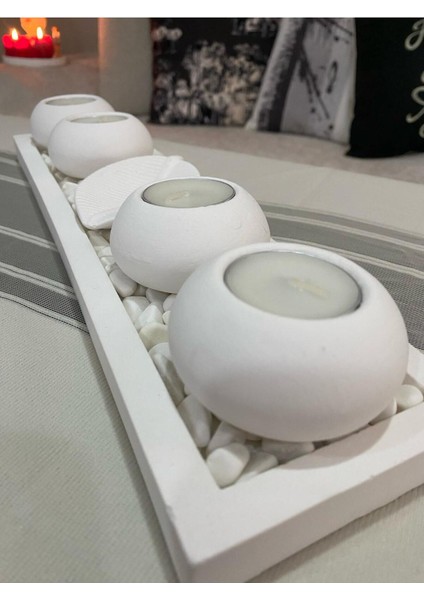 Beyaz El Yapımı 4'lü Beton Tabaklı Beton Mumluk Set Beton Tealight Set Taşlar ve Mumlar Dahildir. B