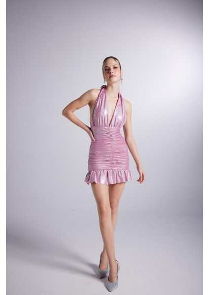 Parlak Kumaşlı Büzgülü Mini Starry Elbise Pembe