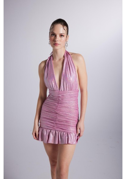 Parlak Kumaşlı Büzgülü Mini Starry Elbise Pembe modelleri