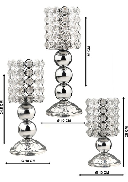 3 Parça Leman 3.lü Set Mumluk Krom Kristalli Tek Ebat Bej Metal