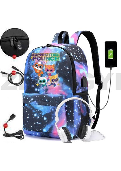 882-GXBU-H2 Karikatür Superkitties Sevimli Sırt Çantası Kolej Dizüstü Bilgisayar USB Şarj Çantaları Açık Seyahat Spor Mochila Vintage Anti-Hırsızlık Sırt Çantaları (Yurt Dışından) modelleri