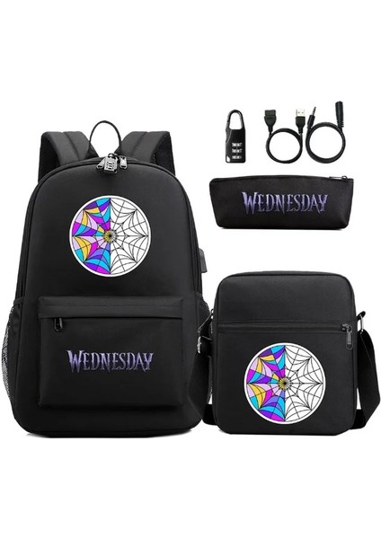Resim Rengi 48CMX30CMX18CM 3 Adet/takım Çarşamba Addams USB Anti-Hırsızlık Kilidi Erkek Kız Çocuklar Okul Kitap Çantası Seyahat Sırt Çantası Omuz Çantası Kalem Çantası Erkek Kadın (Yurt Dışından)