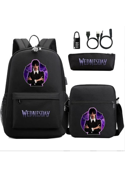 Resim Rengi 48CMX30CMX18CM 3 Adet/takım Çarşamba Addams USB Anti-Hırsızlık Kilidi Erkek Kız Çocuklar Okul Kitap Çantası Seyahat Sırt Çantası Omuz Çantası Kalem Çantası Erkek Kadın (Yurt Dışından) fiyatları
