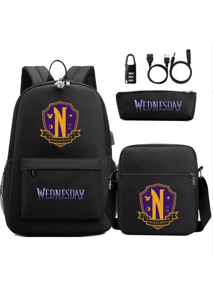 Resim Rengi 48CMX30CMX18CM 3 Adet/takım Çarşamba Addams USB Anti-Hırsızlık Kilidi Erkek Kız Çocuklar Okul Kitap Çantası Seyahat Sırt Çantası Omuz Çantası Kalem Çantası Erkek Kadın (Yurt Dışından) modelleri