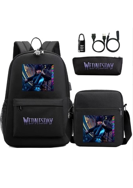 Resim Rengi 48CMX30CMX18CM 3 Adet/takım Çarşamba Addams USB Anti-Hırsızlık Kilidi Erkek Kız Çocuklar Okul Kitap Çantası Seyahat Sırt Çantası Omuz Çantası Kalem Çantası Erkek Kadın (Yurt Dışından) fırsatları