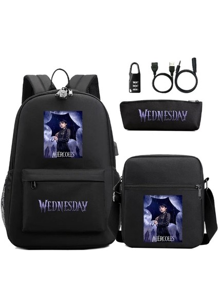 Resim Rengi 48CMX30CMX18CM 3 Adet/takım Çarşamba Addams USB Anti-Hırsızlık Kilidi Erkek Kız Çocuklar Okul Kitap Çantası Seyahat Sırt Çantası Omuz Çantası Kalem Çantası Erkek Kadın (Yurt Dışından) indirimleri