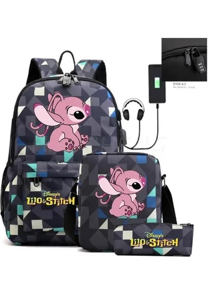 Resim Rengi 17 Inç Lilo ve Stitch Sırt Çantası Hırsızlığa Karşı Kilit Kadın Erkek Seyahat Çantası Sırt Çantaları Genç Kız Erkek Dizüstü Bilgisayar Mochila 3 Adet (Yurt Dışından)