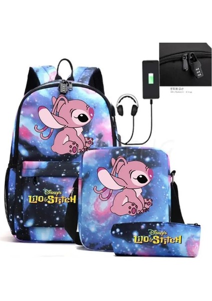 Resim Rengi 17 Inç Lilo ve Stitch Sırt Çantası Hırsızlığa Karşı Kilit Kadın Erkek Seyahat Çantası Sırt Çantaları Genç Kız Erkek Dizüstü Bilgisayar Mochila 3 Adet (Yurt Dışından) indirimleri