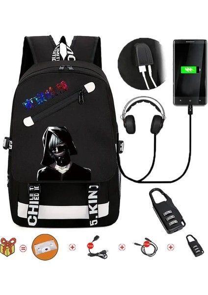 Black8 Anime Tokyo Ghoul Sırt Çantaları Öğrenciler Okul Çantası Anti-Hırsızlık Kilidi ile Kızlar/erkek Sırt Çantaları Harici Şarj Portu Çocuklar Hediyeler (Yurt Dışından)