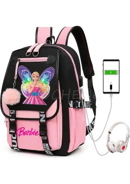 Resim Rengi 17 Inç 46X29X16 cm 17 Inç Barbie Film Öğrenci Okul Sırt Çantası USB Şarj Okul Çantası Genç Kız Erkek Anti-Hırsızlık Çocuk Sırt Çantası (Yurt Dışından)